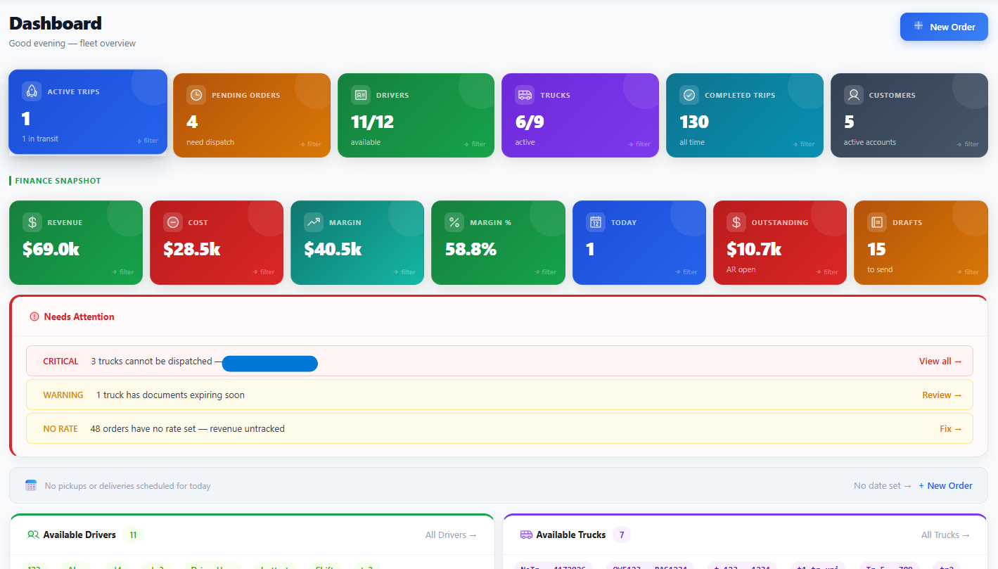 CyVeR dispatch board with live trip urgency sorting