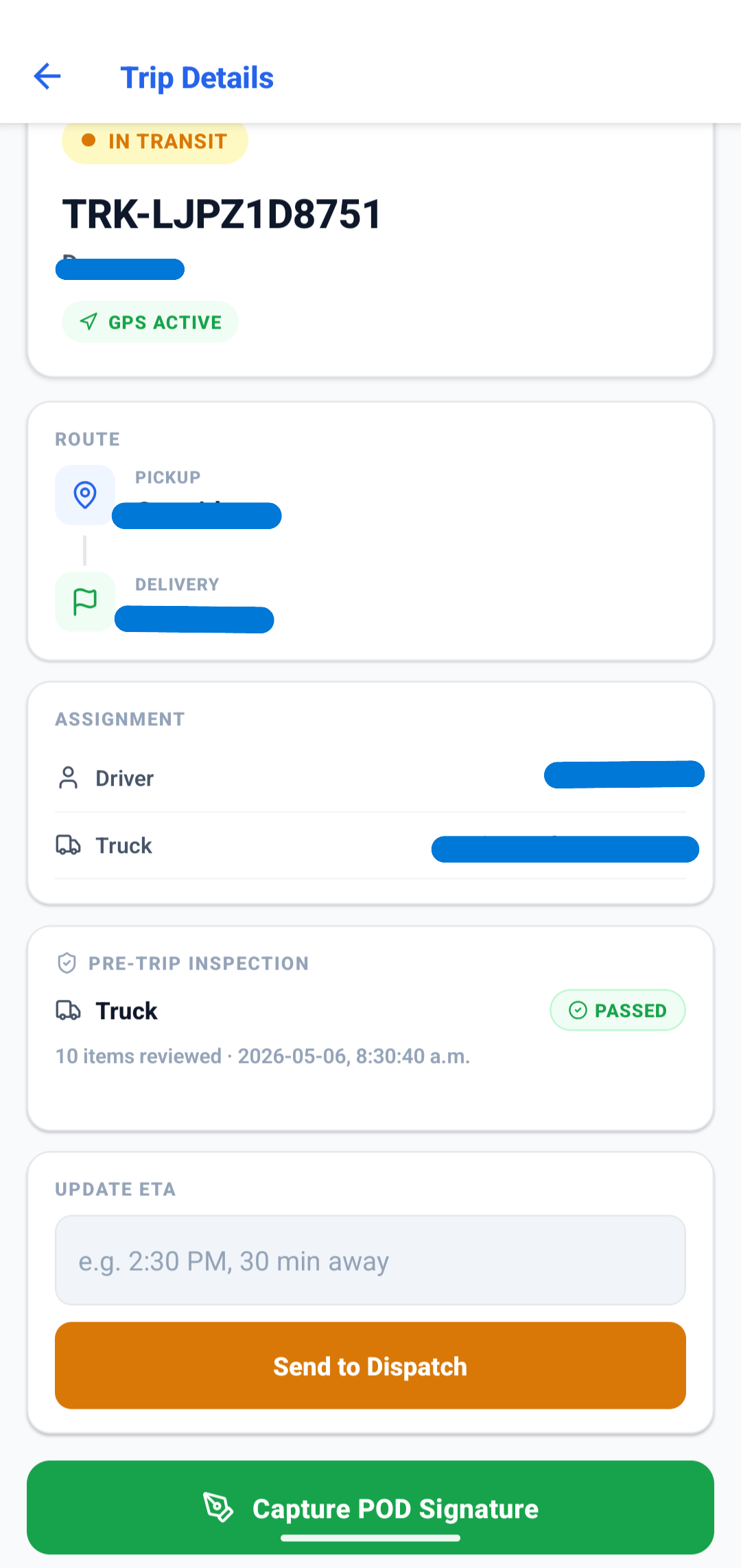 CyVeR driver Android app showing active trip