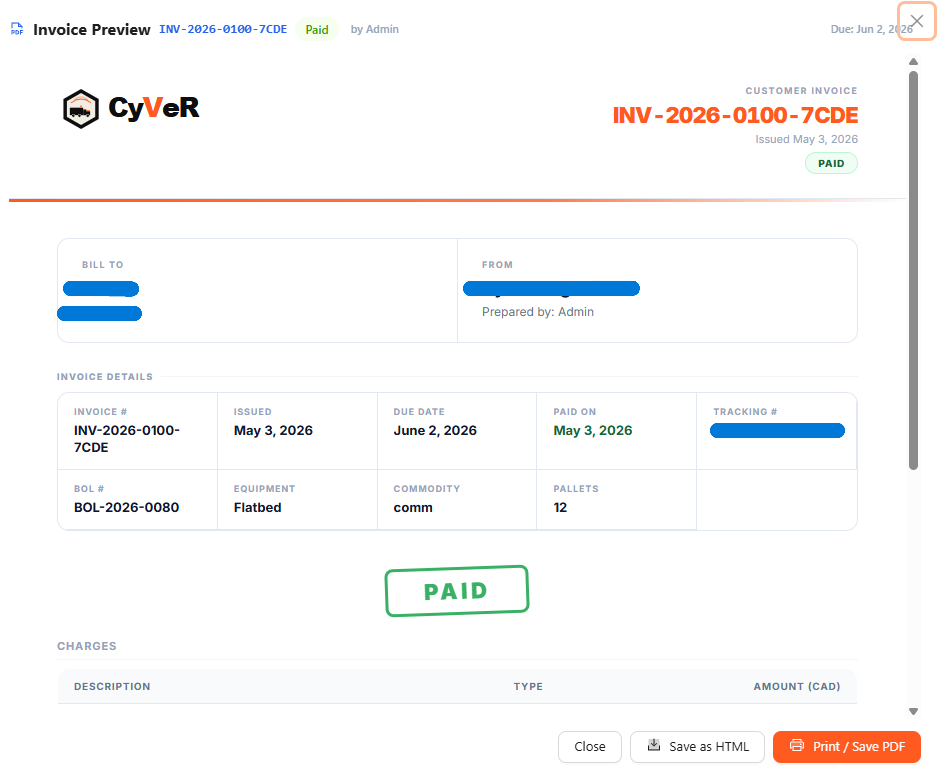 CyVeR invoice PDF preview and accounting view